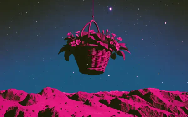 2K Quad HD PC wallpaper/background: a hanging basket of pink flowers floats above magenta-lit desert hills beneath a starry teal sky.