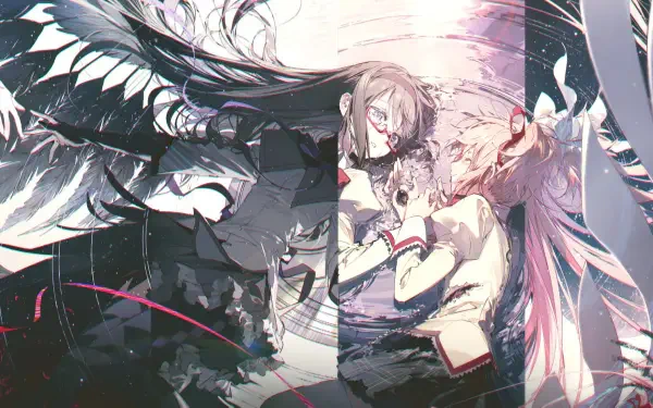 HD anime PC desktop wallpaper: Homura Akemi and Madoka Kaname from Mahou Shoujo Madoka☆Magica, mirrored dark/light composition with wings, scattered petals and shattered glass accents.