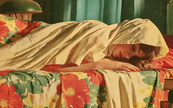 2K Quad HD PC desktop wallpaper: a woman sleeping on a bed, wrapped in a cream blanket over vibrant floral sheets, soft lamp glow and green curtains in the background.