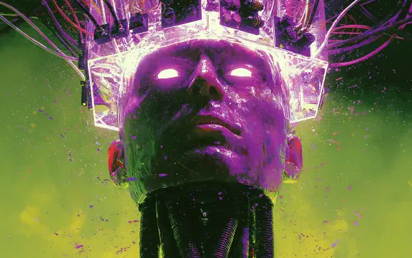 Sci-fi cyborg portrait with glowing purple eyes and neural crown, neon green background — 2K Quad HD PC desktop wallpaper/background.
