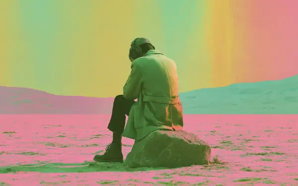 Sad, aesthetic 2K Quad HD PC desktop wallpaper/background: lone figure in a trench coat sits on a rock in a pastel gradient desert, back turned, contemplative and isolated.