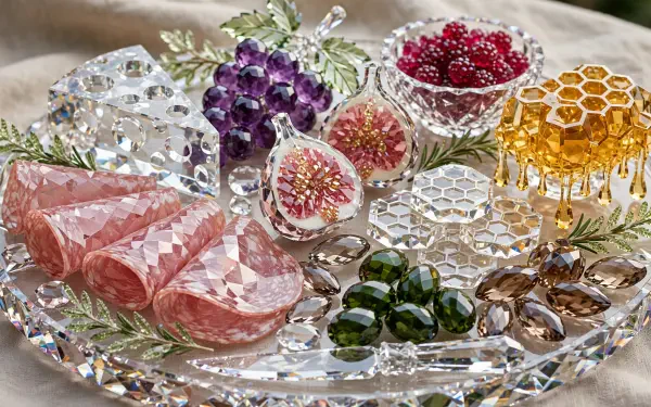 HD PC desktop wallpaper: crystal bowl and glassware arranged as a glass charcuterie display — faceted ham slices, jewel-like grapes, figs and honeycomb accents on a sparkling tray.