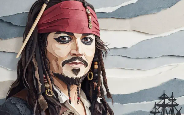 2K Quad HD desktop wallpaper of pirate Jack Sparrow: close-up portrait with red bandana, braided hair and trinkets, ship silhouette against layered gray-blue sky.