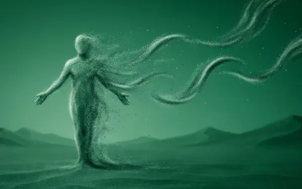 Emerald green smoke forming a ghostly humanoid spirit with trailing tendrils across a 2K Quad HD PC desktop wallpaper background.
