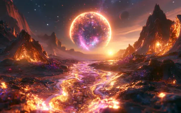 AI Art Fantasy & Sci Fi 2K Quad HD PC desktop wallpaper and background: molten alien landscape with glowing rivers, jagged peaks and a radiant planet hovering in a vivid cosmic universe.