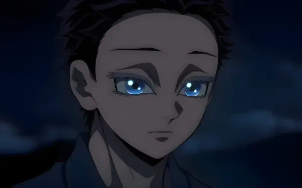 Close-up of Akaza from Demon Slayer: Kimetsu no Yaiba — The Movie: Infinity Castle, anime 4K PC desktop wallpaper showing his reflective blue eyes against a dark night sky.
