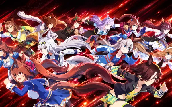 Vibrant 4K Ultra HD PC desktop background of Uma Musume anime girls in MotoGP-style racing outfits, dynamic red streaks and motion blur across a packed lineup.