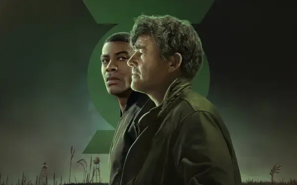 Lanterns (2026) 4K Ultra HD PC desktop wallpaper: two men in profile beneath a glowing green emblem, misty field foreground and moody cinematic lighting.