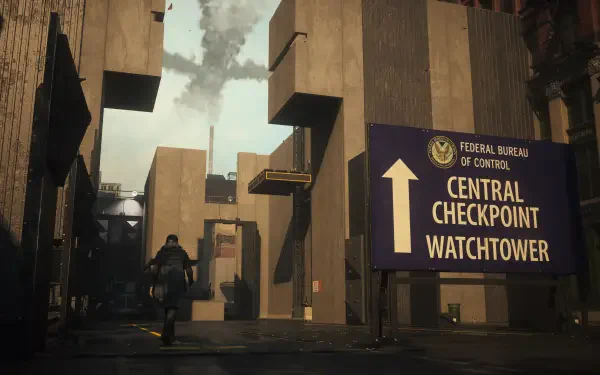 4K PC wallpaper — Control: Resonance scene of Dylan Faden in a shadowed alley between brutalist buildings beside a Central Checkpoint Watchtower sign.