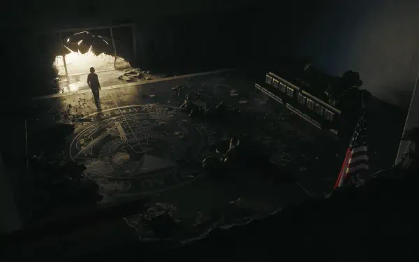 Control Resonant 4K Ultra HD PC desktop wallpaper/background: silhouetted figure in a cavernous tunnel/cave, light spilling through the entrance onto a debris-strewn floor.