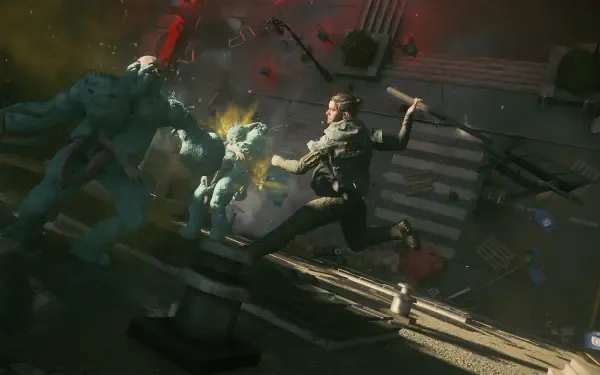 HD PC desktop wallpaper: Control Resonant scene of Dylan Faden in a brutal fight, lunging with a weapon amid supernatural chaos.