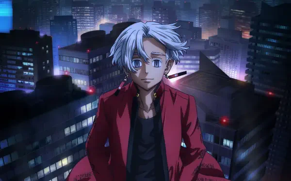 Tokyo Revengers 4K Ultra HD PC desktop wallpaper: lone silver‑haired anime character in a red jacket standing above a neon-lit Tokyo skyline at night.
