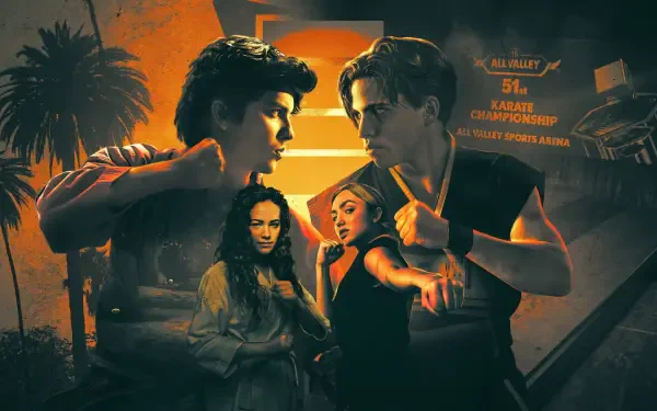 Cobra Kai HD PC desktop wallpaper: two young men face off in a martial-arts standoff, two women below, sunset-orange and black palette, palm trees and dojo signage in background.
