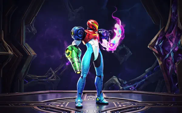 Samus Aran in her Power Suit, arm cannon ablaze, standing in a cosmic chamber — Metroid Ravenous video game artwork by Nintendo. 5K Ultra HD PC desktop wallpaper.
