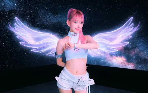 Pink‑haired young woman in a white crop top and shorts with glowing angel wings against a starry galaxy — vibrant 5K Ultra HD PC desktop wallpaper.