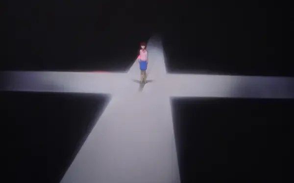 4K Ultra HD desktop wallpaper of Lain Iwakura (Serial Experiments Lain) standing alone in a cross-shaped spotlight against a dark background.