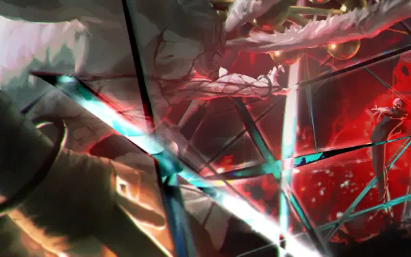 5K Ultra HD abstract geometric wallpaper of Mahoraga and Sukuna (Jujutsu Kaisen), clashing amid neon shards and blood-red energy.
