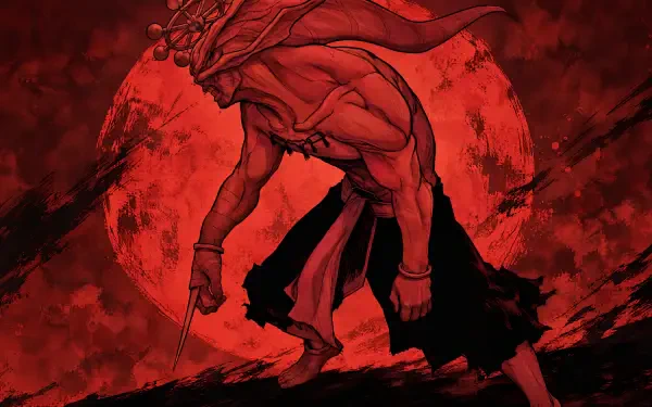 Mahoraga from Jujutsu Kaisen — a hulking demon/monster with horns and rippling muscles looming before a blood-red moon; dramatic 4K Ultra HD PC desktop wallpaper/background.