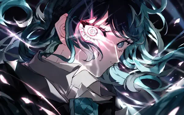 4K Ultra HD PC desktop wallpaper featuring Ado (Nico Nico Singer) Hibana — anime girl portrait with teal hair, a glowing eye, school uniform, and swirling light streaks.