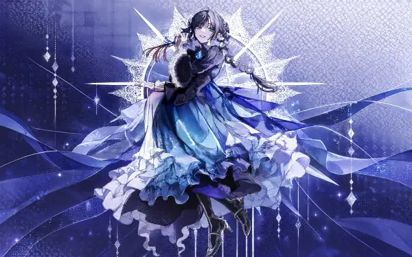 4K Ultra HD PC wallpaper of Hibana (Ado, Nico Nico Singer) — anime girl in a flowing blue layered dress, crystalline backdrop and sparkling stage accents.