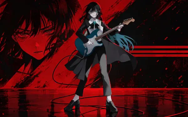 Anime singer with teal-tipped hair and electric guitar on a glossy stage before a blood-red abstract mural; 4K Ultra HD PC desktop wallpaper/background.