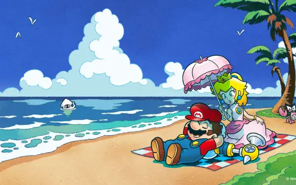 HD PC desktop wallpaper/background: Super Mario naps on a sunny beach while Princess Peach fans him under a parasol in a colorful, cartoon coastal scene.