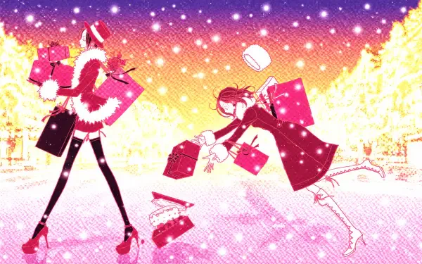 Bright 4K Ultra HD PC desktop wallpaper: Nana Osaki and Nana Komatsu exchange Christmas gifts on a snowy, glittering street beneath a pink-orange evening sky.
