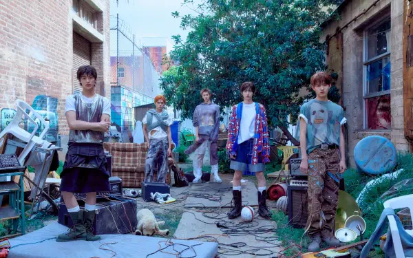 4K Ultra HD PC wallpaper: Cortis — Color Outside the Lines shows a group of young men posing amid a colorful, cluttered alley backdrop.