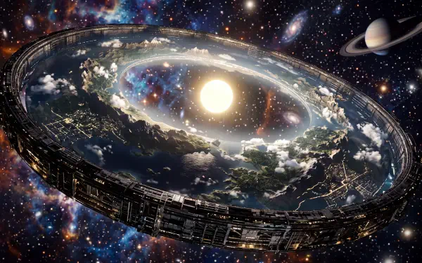 5K Ultra HD PC desktop wallpaper: colossal ringworld space station encircling a sunlit inner planet, cloudscapes and city lights along the rim against a star-filled cosmos.