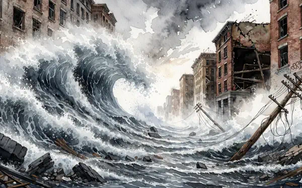 2K Quad HD PC desktop wallpaper: a towering tsunami wave floods a ruined city, water sweeping through streets, collapsed buildings and broken power poles, conveying widespread destruction.