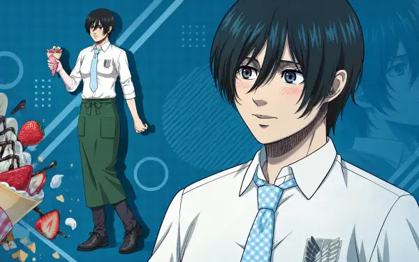 4K Ultra HD PC desktop wallpaper of Mikasa Ackerman (Attack on Titan) reimagined as an anime boy: close-up portrait and full-body in school shirt, tie and apron against a blue, dessert-themed background.