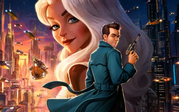 4K Ultra HD PC desktop wallpaper: Ray Gunn — trench‑coated man holding a pistol and a glamorous woman pose before a neon futuristic city with hovering craft at sunset.