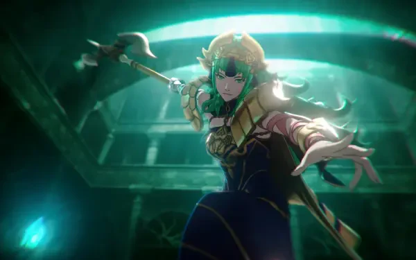 Fire Emblem: Fortune's Weave anime warrior in ornate armor casting emerald magic, spear raised in a glowing chamber, 4K Ultra HD PC desktop wallpaper.