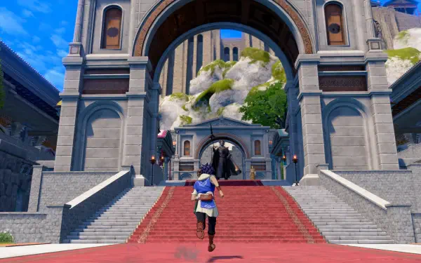 4K Ultra HD PC wallpaper of Fire Emblem: Fortune's Weave — a character ascending red-carpeted stairs toward a grand stone arch and building framed by bright blue sky.