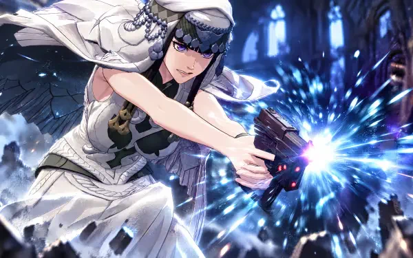 4K Ultra HD PC desktop wallpaper: Fire Emblem: Fortune's Weave — Anatolia anime girl firing a glowing gun amid cathedral ruins, blue energy shards.