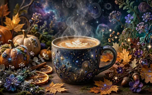 HD PC desktop wallpaper: steaming latte in an ornate cup with leaf latte art, surrounded by pumpkins, dried oranges, autumn leaves and purple flowers against a starry backdrop.