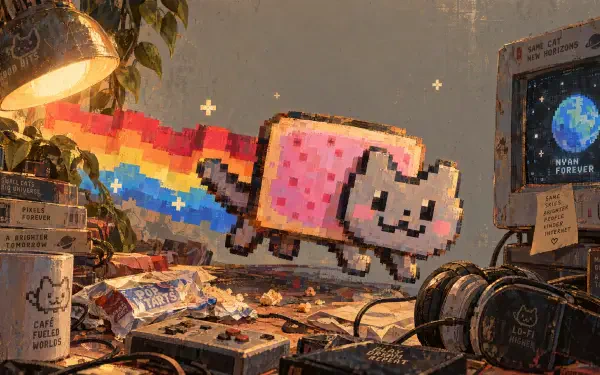 4K Ultra HD PC desktop wallpaper/background: pixel-art Nyan Cat - a smiling pixel cat streaking a rainbow across a retro computer desk scene.