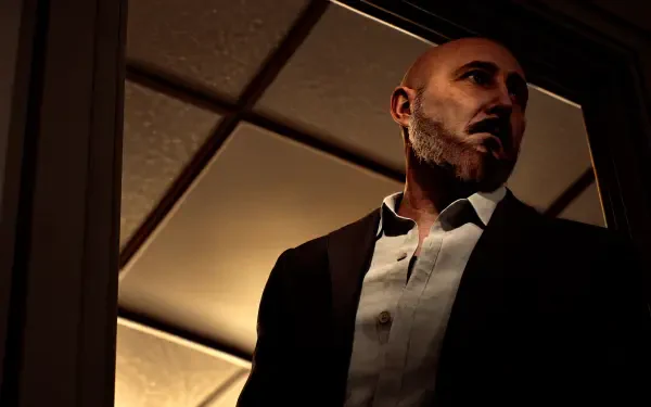 Silent Hill: Townfall portrait of a bald man in a suit, moody amber-lit close-up; cinematic 4K Ultra HD PC desktop wallpaper background.