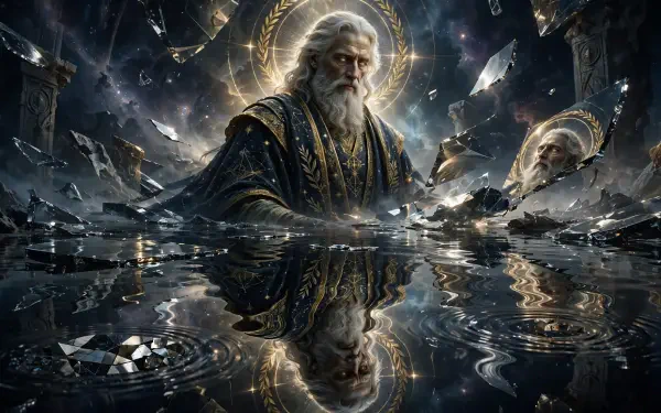 HD PC desktop wallpaper: an ancient god-wizard — a bearded old man in robes with a halo, conjuring glowing magic amid shattered celestial fragments reflected in dark water.