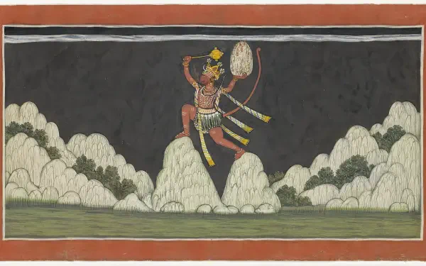 4K Ultra HD PC desktop wallpaper of Lord Hanuman, deity leaping above billowing clouds in a traditional painting style, vivid and dramatic.