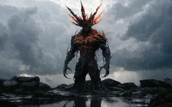 2K Quad HD PC desktop wallpaper/background: a towering dark king demon — charred, horned monster standing on rain-slick rocks beneath a stormy, ash-filled sky.