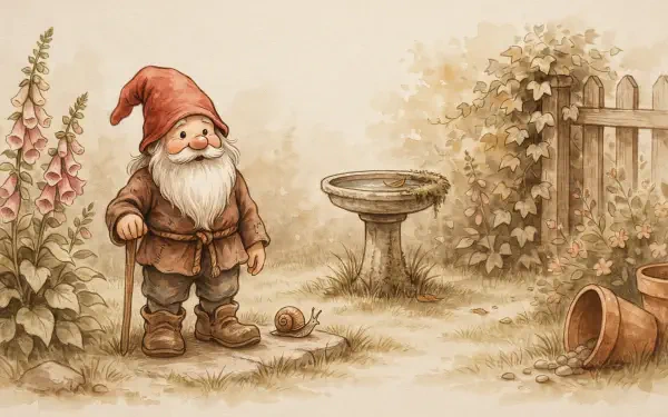 Whimsical garden gnome by a birdbath and snail in a soft sepia garden scene — 2K Quad HD PC desktop wallpaper/background.