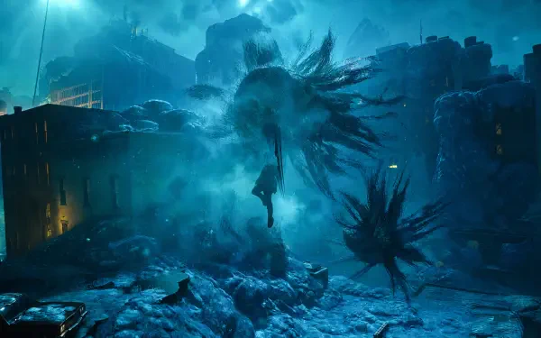 4K Ultra HD PC wallpaper showing a Control Resonant scene: glowing jellyfish-like forms drifting underwater over a flooded city, bathed in eerie blue light.