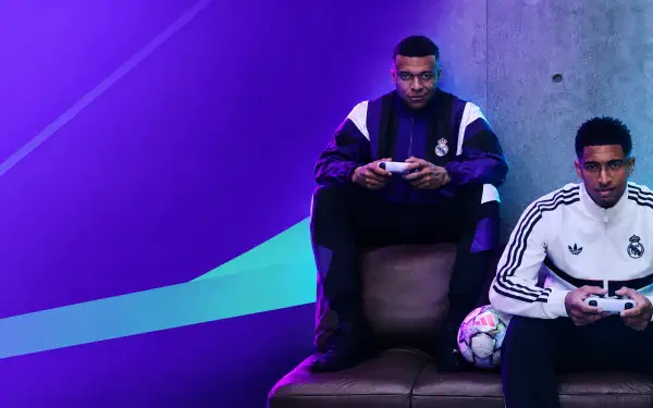 EA SPORTS FC 27 4K Ultra HD PC desktop wallpaper: two gamers holding controllers beside a soccer ball against a neon purple-blue video game backdrop.