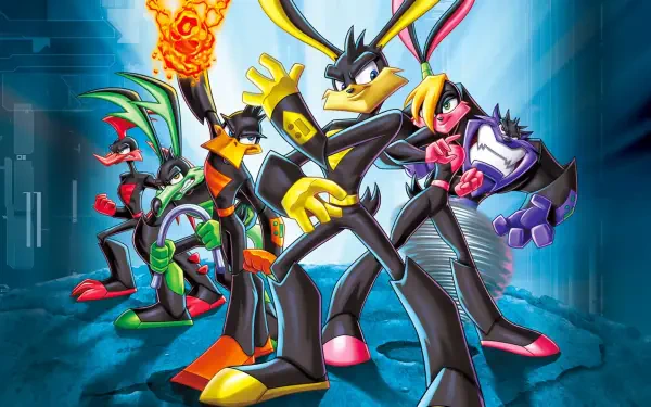 Loonatics Unleashed HD PC desktop wallpaper and background depicting five futuristic, stylized anthropomorphic heroes striking dynamic poses against a glowing cityscape.