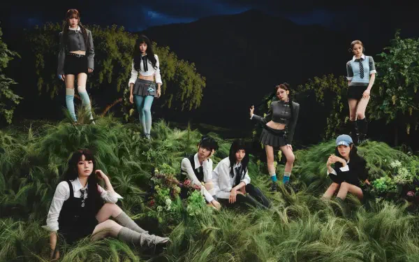 4K Ultra HD PC desktop wallpaper tagged NiziU and Sour Grapes: seven women in coordinated outfits posed among tall grass under a moody, moonlit sky.