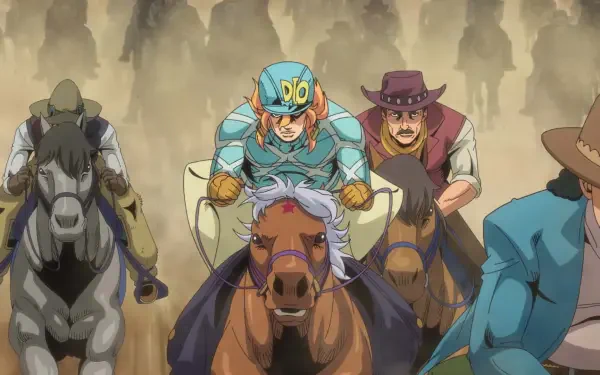 HD PC desktop wallpaper of Steel Ball Run: Diego Brando racing on horseback among cowboys and riders, a dynamic western horse race background.