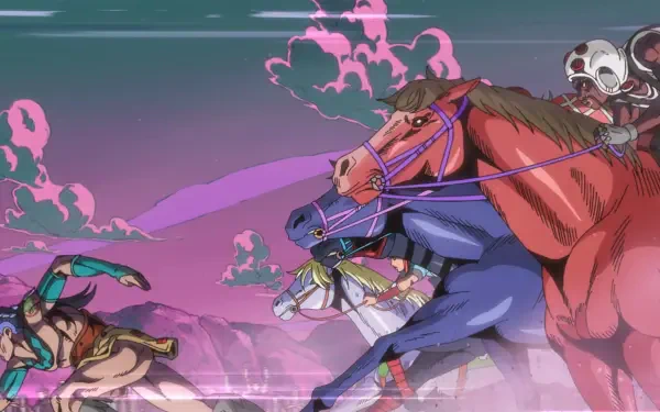 Steel Ball Run HD PC desktop wallpaper and background: dynamic horse racing scene with powerful horses and focused jockeys charging across a surreal purple sky.