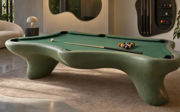 4K Ultra HD PC desktop wallpaper and background: modern green pool table with cue stick and racked billiard balls in a stylish room.