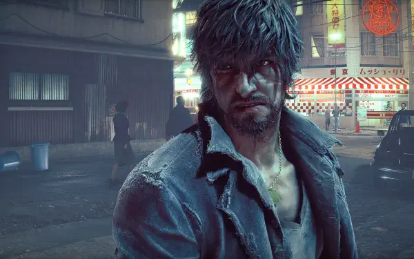 HD PC desktop wallpaper — Stranger Than Heaven, man: rugged, weathered man with stubble and torn coat stares in a neon-lit, rainy city street at night.